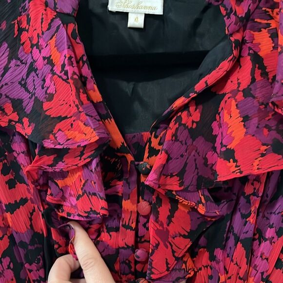 SHOSHANNA Floral Silk Sleeveless Ruffle Pencil Dress, Black/Red/Purple, Size 4 - Picture 4 of 11